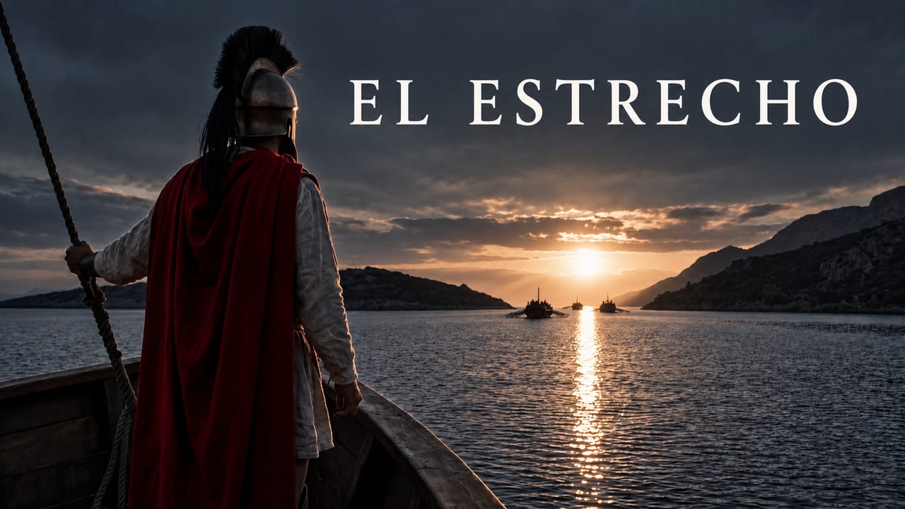 Batalla de Salamina: un hoplita de espaldas en la proa de una trirreme, ante el estrecho al atardecer