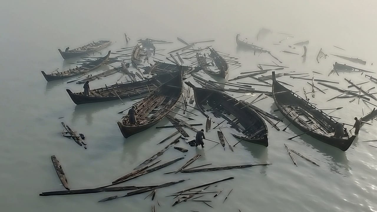 Vista desde arriba del estrecho de Salamina durante la batalla, restos y remos rotos (reconstrucción generada con IA)