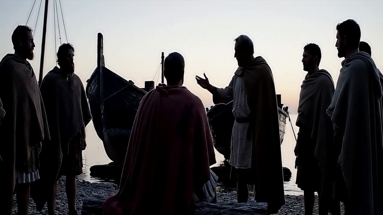 Consejo de los jefes griegos en la orilla de Salamina al anochecer (reconstrucción generada con IA)