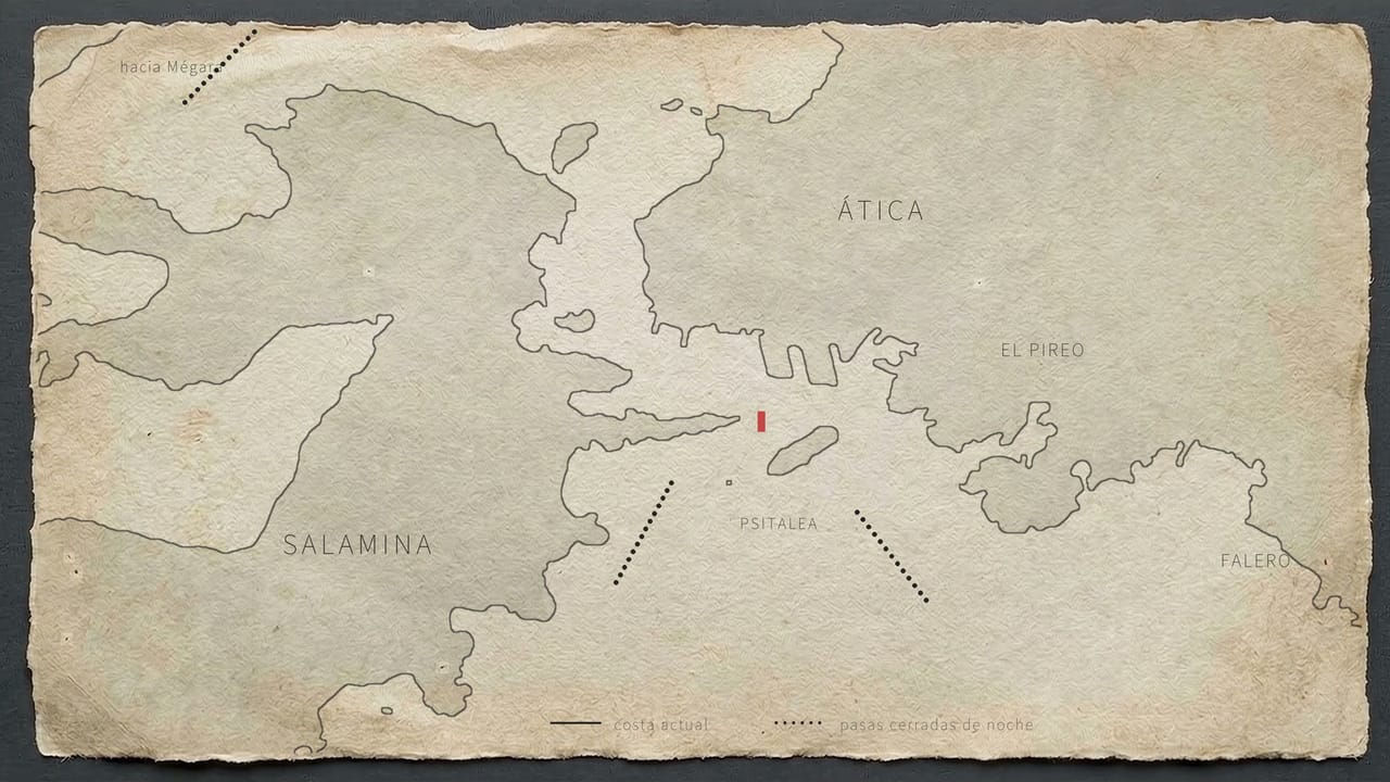 Mapa del cerco nocturno: las salidas del estrecho de Salamina cerradas, en punteado, sin flechas