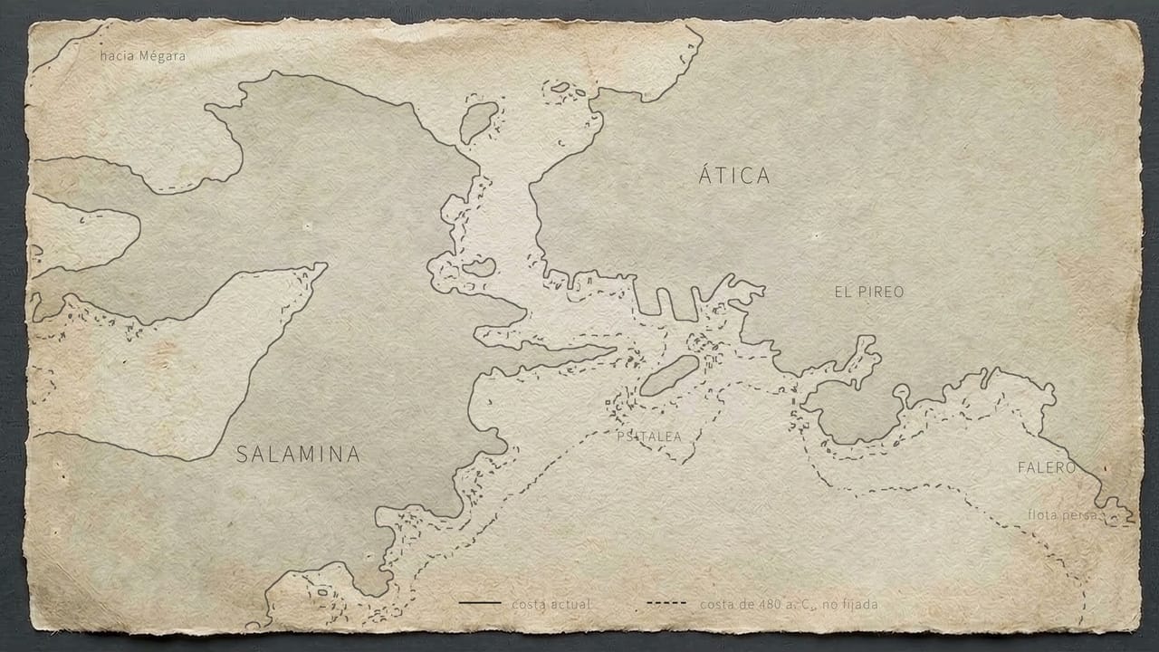 Mapa del estrecho de Salamina: Ática, isla de Salamina, Psitalea, Pireo y Falero, con la costa de 480 a. C. en discontinuo