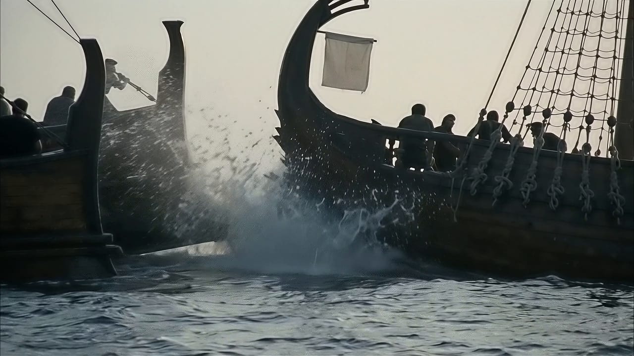 Primer choque en el estrecho de Salamina: una proa contra el costado de otra nave (reconstrucción generada con IA)