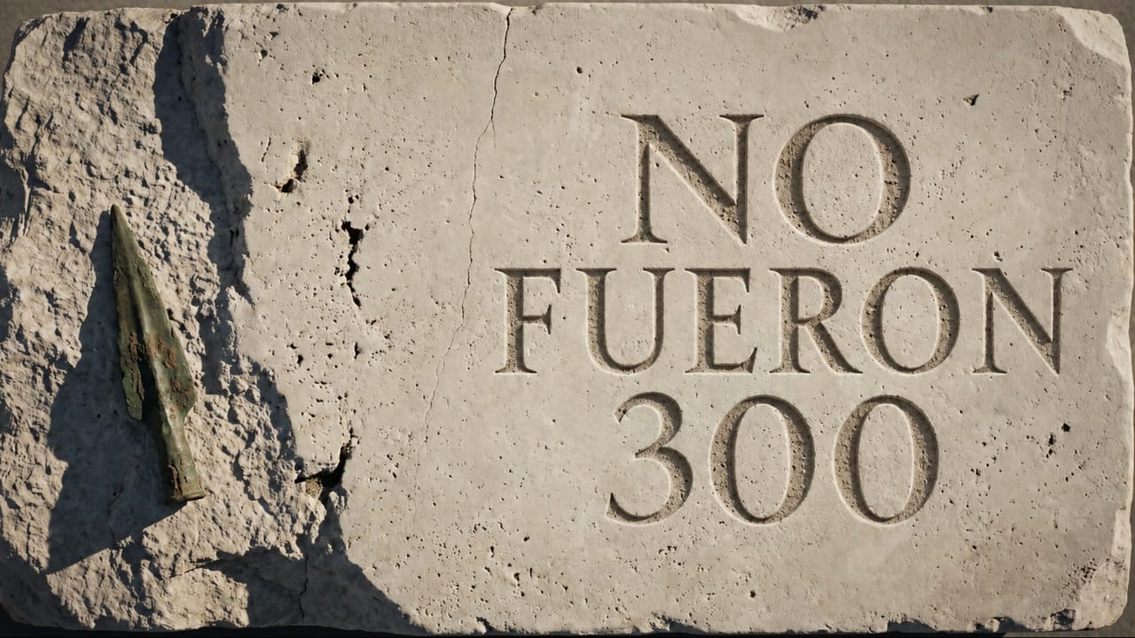 Bloque de caliza con la inscripción NO FUERON 300 grabada y una punta de lanza de bronce corroído apoyada a la izquierda.