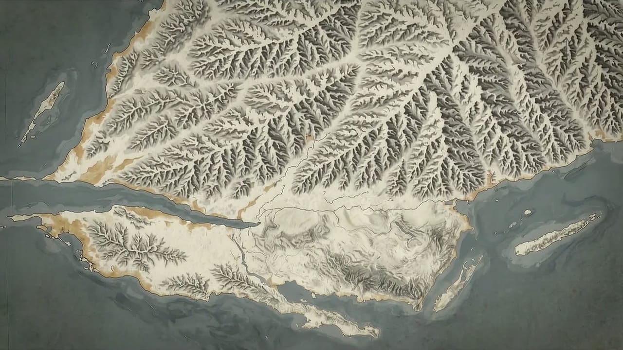 Mapa de relieve pintado de la comarca: crestas y vaguadas en lavado gris, franja de costa en ocre y una línea de tinta que lo atraviesa.