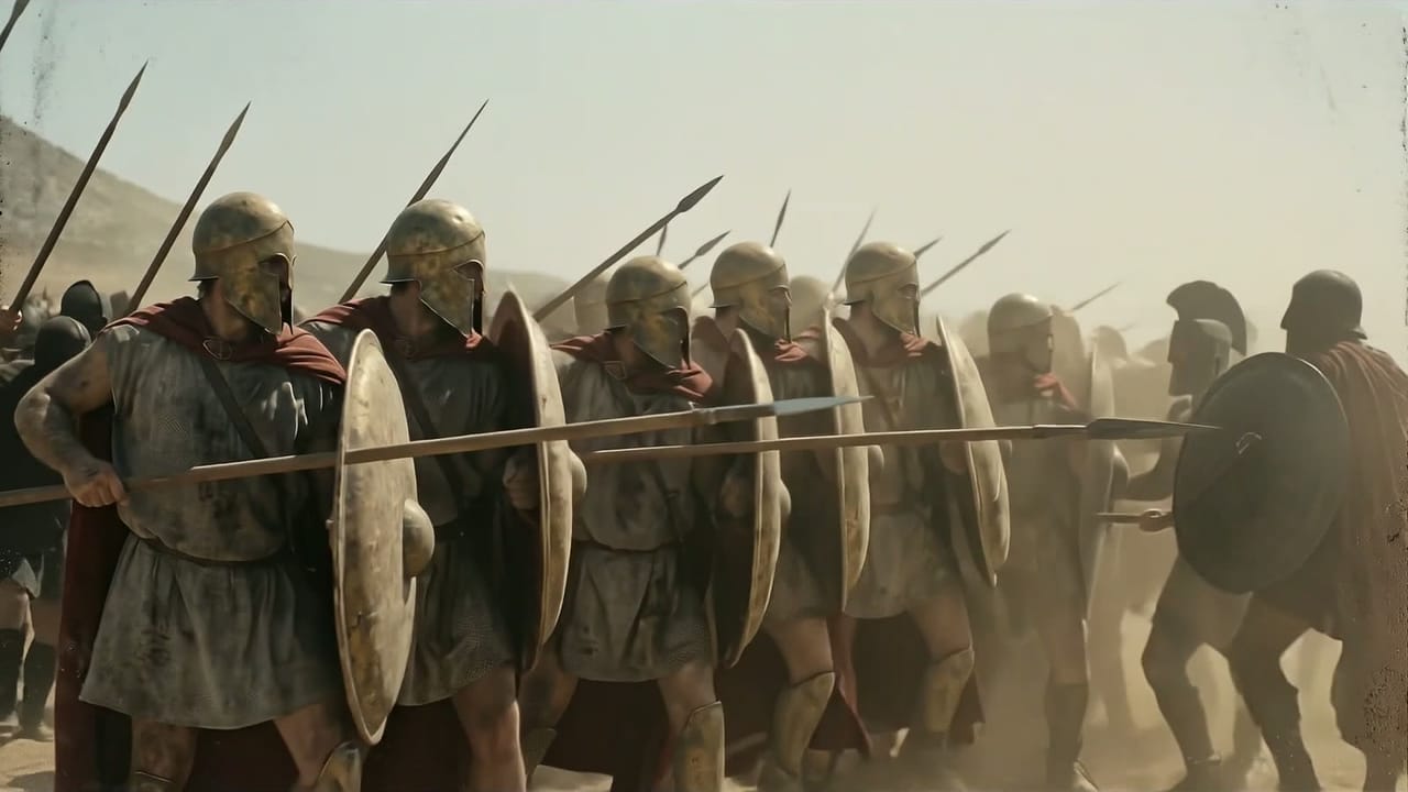 Una fila de hoplitas con casco y capa roja, los escudos redondos solapados y las lanzas largas caladas, entre el polvo.