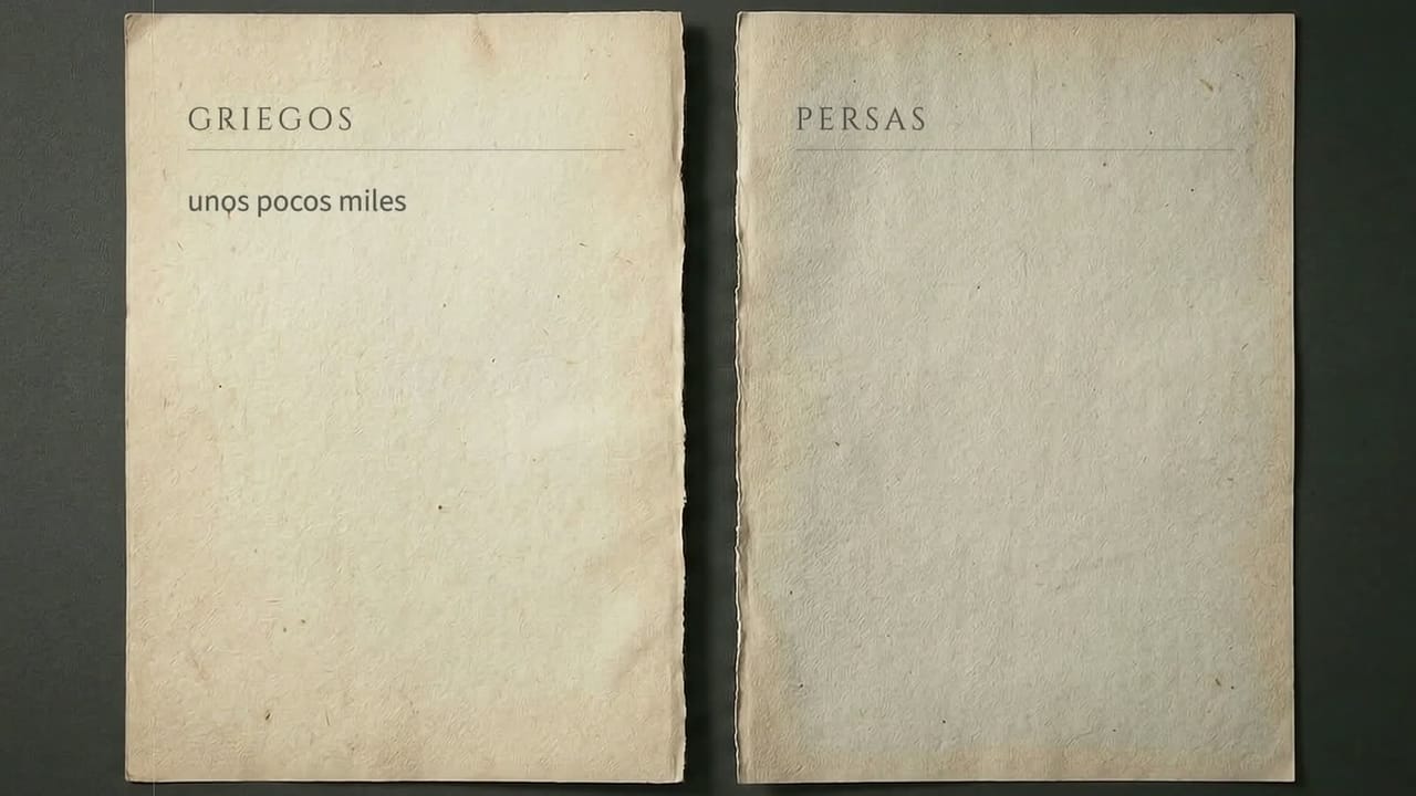 Dos hojas de papel enfrentadas, encabezadas GRIEGOS y PERSAS. Bajo la primera, «unos pocos miles». La segunda está vacía.