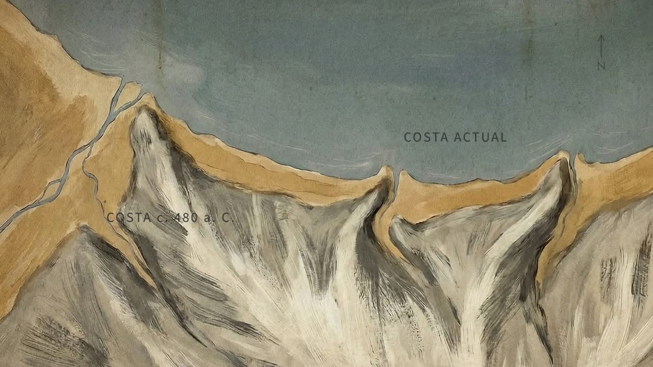 Mapa pintado del golfo Maliaco: franja de costa en ocre, mar en gris azulado, flecha de norte y dos rótulos, COSTA ACTUAL sobre el agua y COSTA c. 480 a. C. al pie del monte.